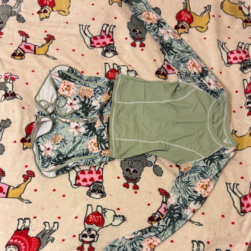 SHEIN Olive and Floral Long Sleeve Swim Bodysuit